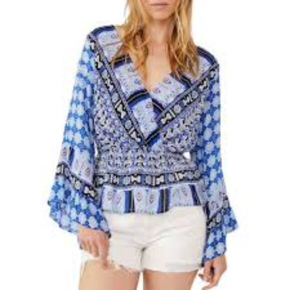 ✅ Free People Rosalie Wrap Top In Indigo Combo Bell Sleeve V-Neck Blouse SMALL - Picture 1 of 10